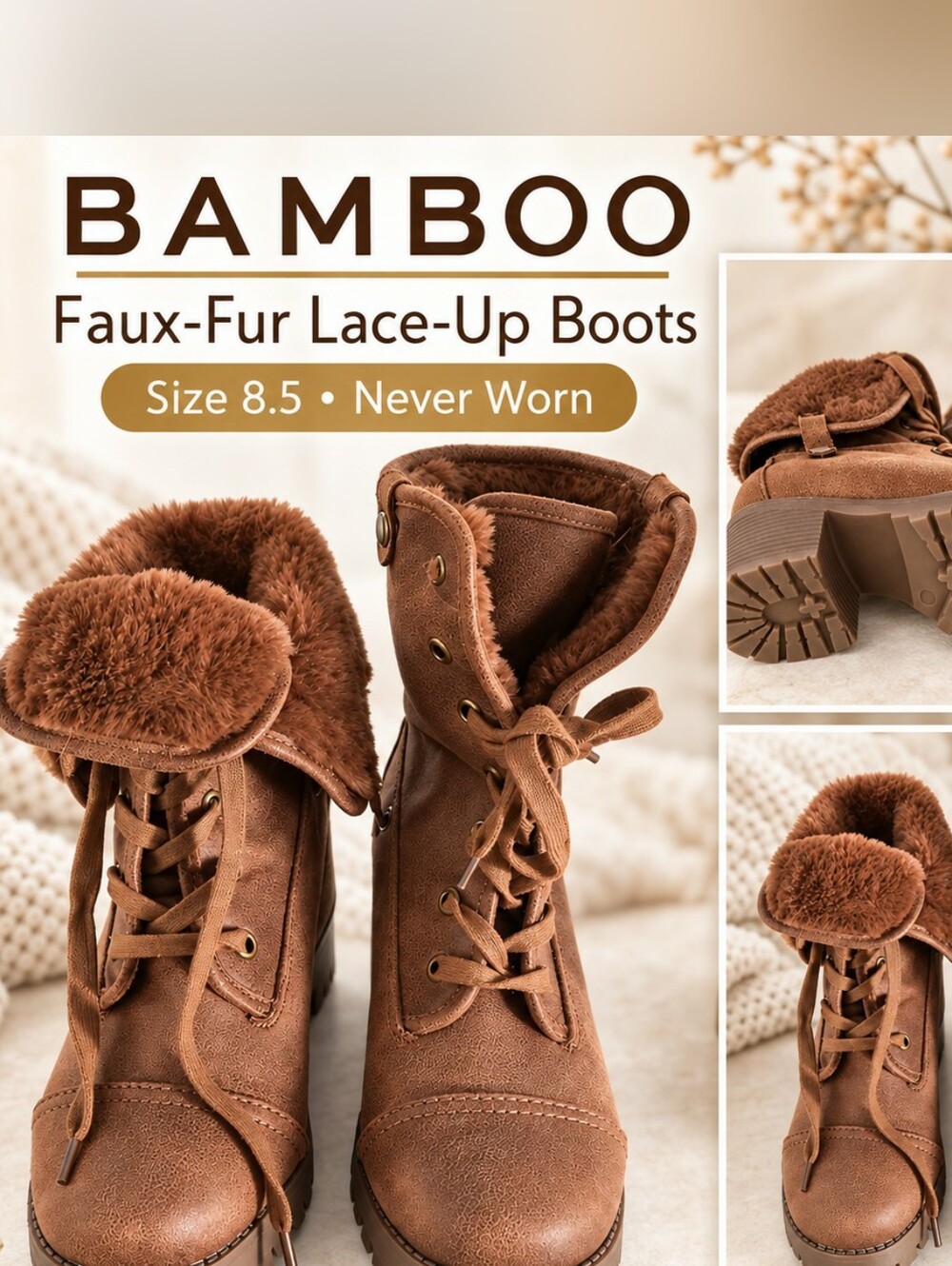 BAMBOO Brown Faux-Fur Lace-Up Combat Boots-Woman's 8.5